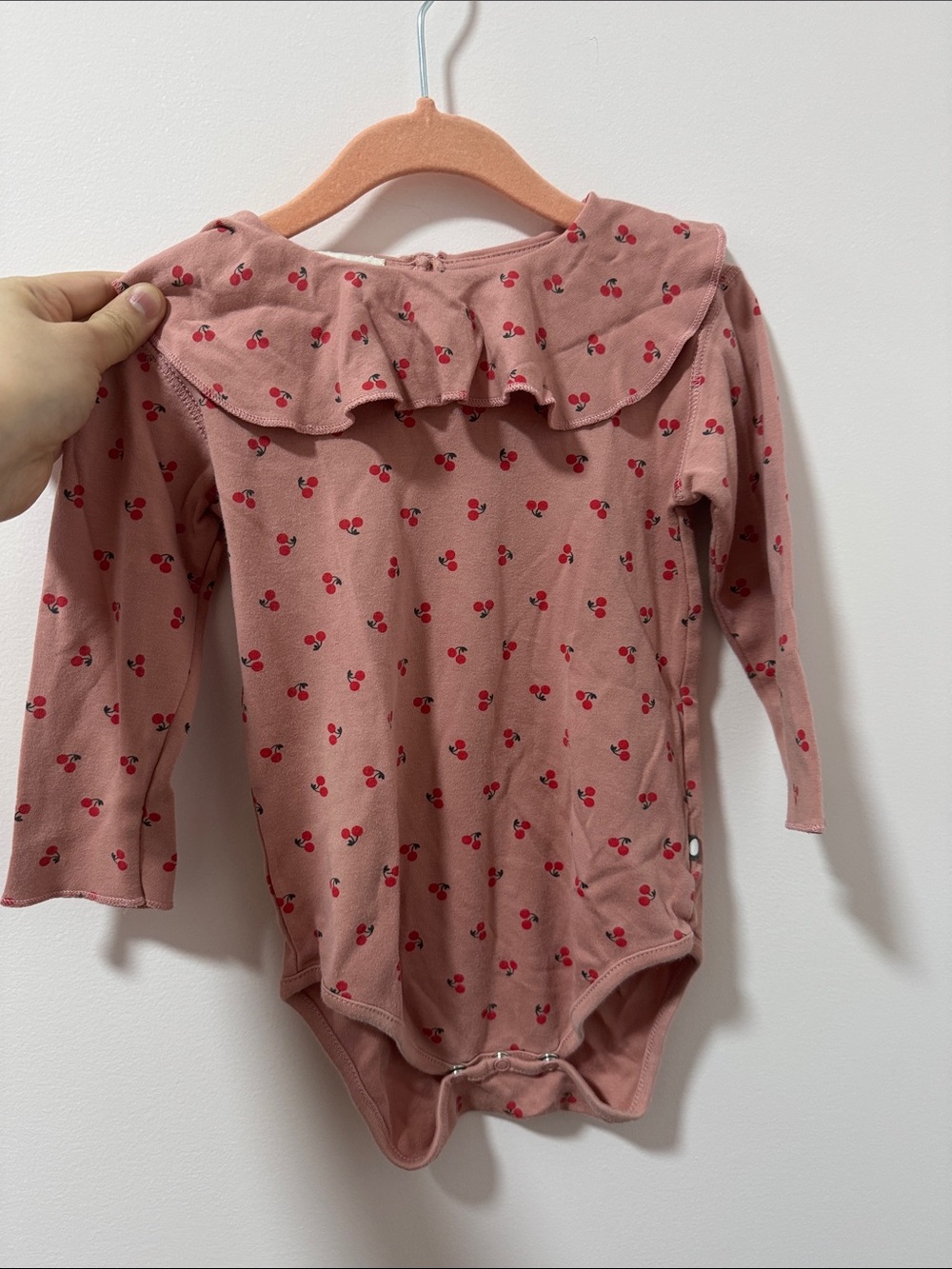 Oeuf Pink Cherry Print Long-Sleeve One-Piece Bodysuit